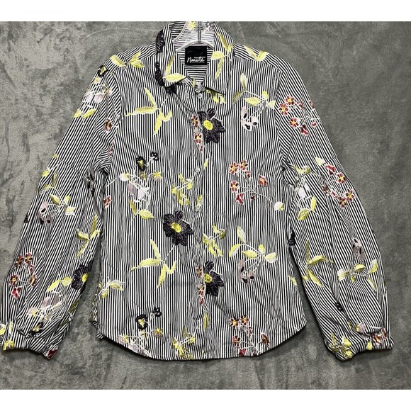 Nanette‎ Lepore striped blouse Floral embroidery Small Balloon Sleeve Gray White - Picture 1 of 8
